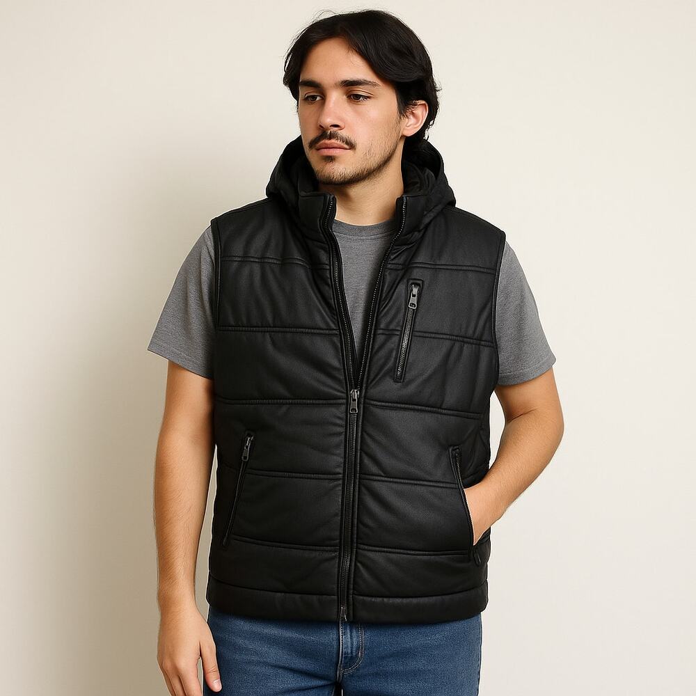Y2K Vintage Calvin Klein Faux Leather Vest Men's Large Black Hood Puffer